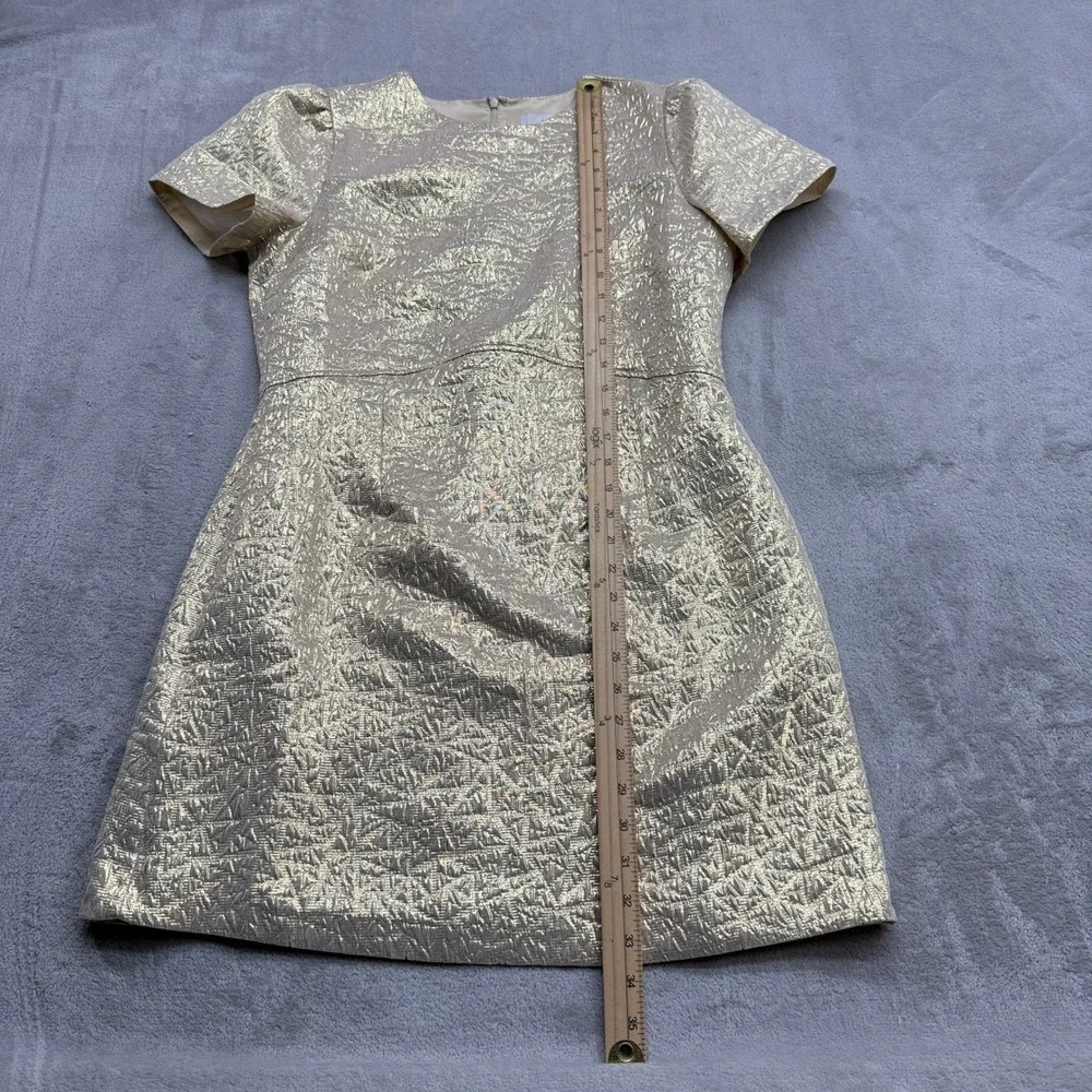 LOFT Dress Womens 6 Gold Metallic Jacquard Short Sleeve Puff Shift Cocktail Glam